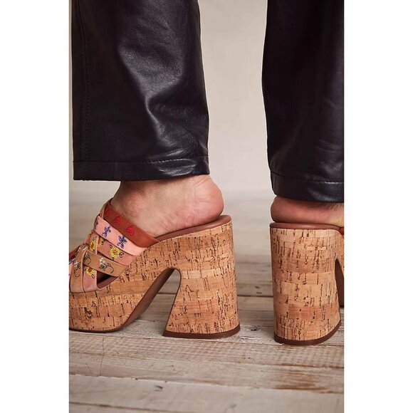 NWOT Free People leather suede floral embroidered strap cork platform mules - Picture 5 of 12